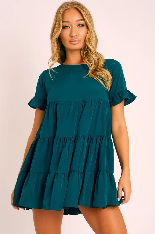 Emerald Green Smock Tiered Frill Sleeve Mini Dress - Olah Elegant Vintage Mini Dress Emerald Green Smock Tiered Frill Sleeve Mini Dress - Olah Elegant Vintage Mini Dress