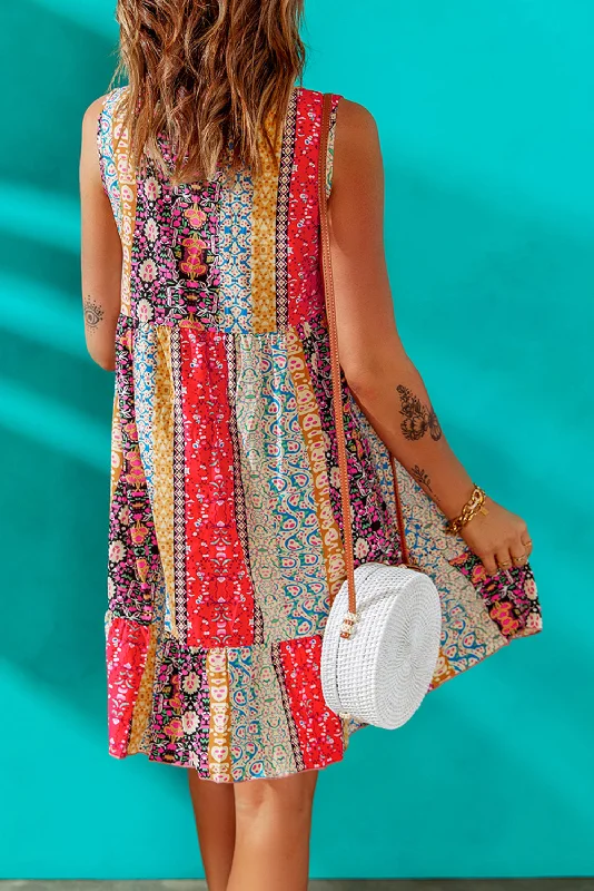 Floral Splicing Flounce V Neck Sleeveless Mini Dress Fashionable A-Line Mini Dress