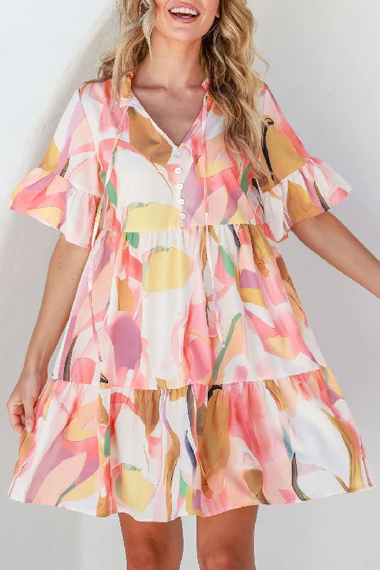 Geometric Print Ruffled Short Sleeve Tied V-Neck Mini Dress Casual High-Waist Mini Dress