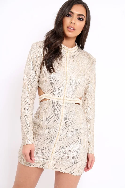 Gold Sequin Cut Out Back Mini Dress - Hera Comfortable Polka Dot Mini Dress