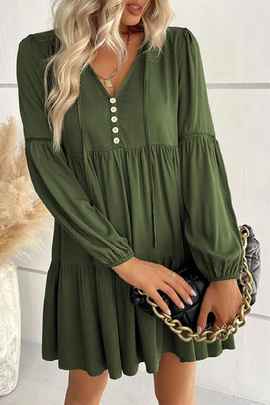 Green Lace Puff Sleeve Buttoned Tiered Ruffled Mini Dress Stylish Button-Down Mini Dress