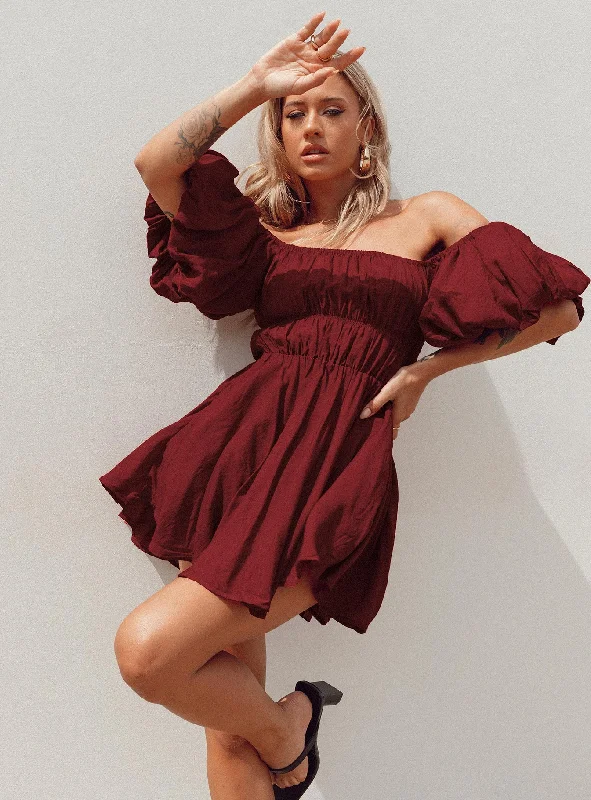 Halton Mini Dress Burgundy Trendy Button-Detail Mini Dress