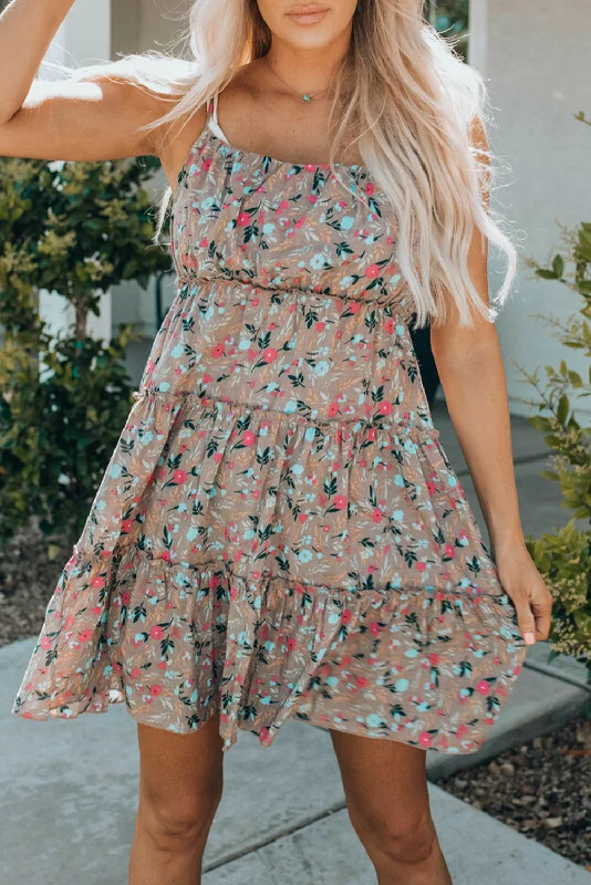 Khaki Flower Print Tiered Frilled Knotted Spaghetti Strap Mini Dress Cozy Jersey Mini Dress