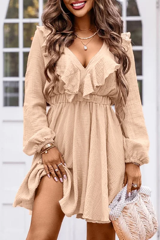 Khaki Textured Ruffled V Neck High Waist Mini Dress Fashionable Boho-Chic Mini Dress