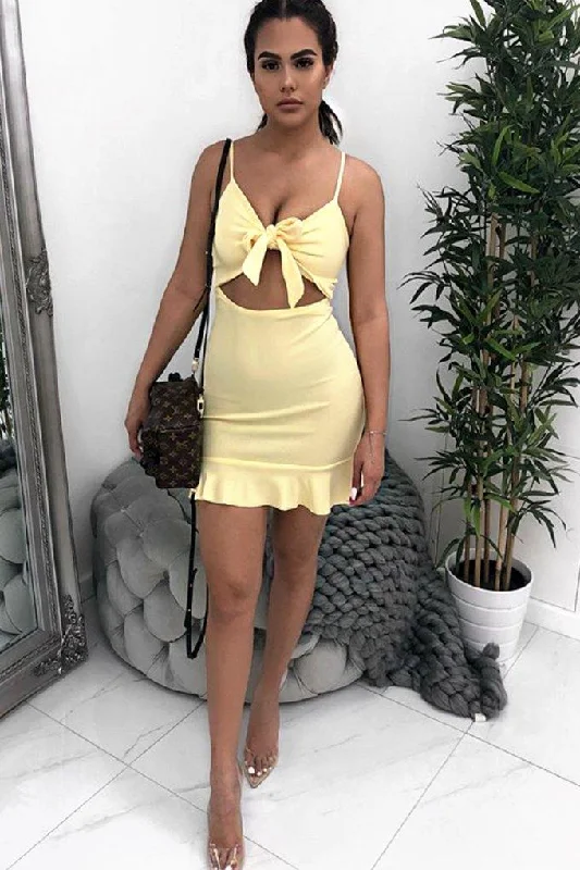 Lemon Tie Front Ruffle Hem Mini Dress - Darianna Trendy Mini Dress with Belt