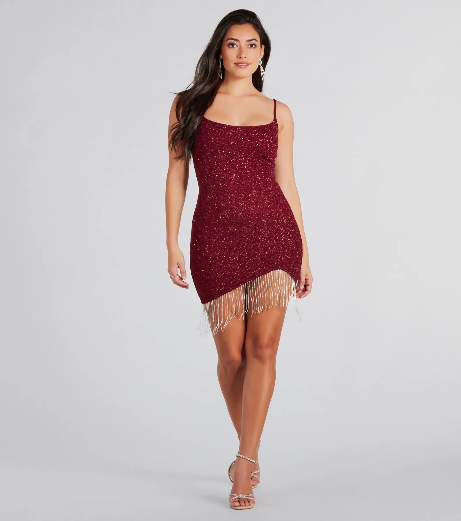 Make You Strut Glitter Rhinestone Fringe Mini Dress Cozy Ruched Mini Dress