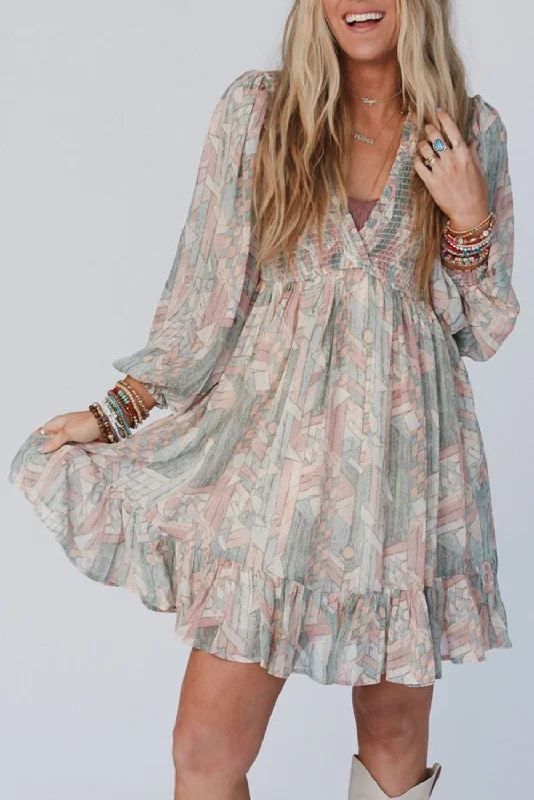 Multicolor Abstract Print Shirred V Neck Ruffle Mini Dress Fashionable Boho-Chic Mini Dress