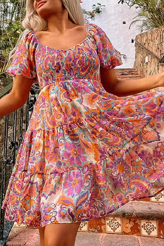 Multicolor Boho Print Smocked Ruffled Puff Sleeve Mini Dress Trendy A-Line Mini Dress Multicolor Boho Print Smocked Ruffled Puff Sleeve Mini Dress Trendy A-Line Mini Dress