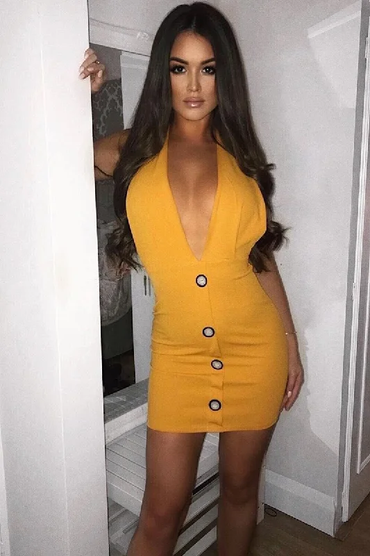 Mustard Halter Plunge Button Detail Mini Dress - Khaira Trendy Camisole Mini Dress