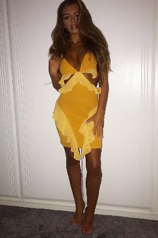 Mustard Halterneck Cut Out Mini Dress - Kamila Fashionable Mini Dress with Pockets