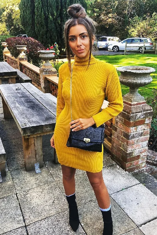 Mustard Rib Bodycon Turtle Neck Mini Dress - Tesia Cozy A-Line Mini Dress