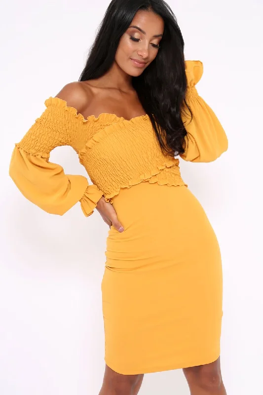 Mustard Shirred Wrap Over Bardot Mini Dress - Natasha Comfortable Shift Mini Dress