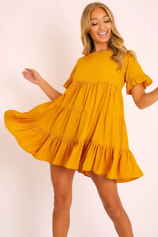 Mustard Smock Tiered Frill Sleeve Mini Dress - Olah Classic Floral Mini Dress