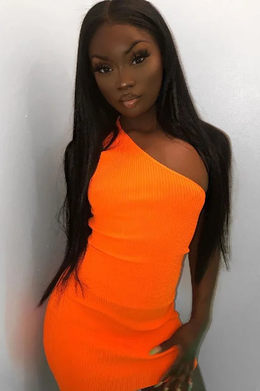 Neon Orange Rib Knit One Shoulder Mini Dress - Elisabeth Comfortable Wrap Mini Dress