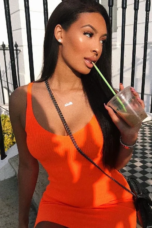 Neon Orange Rib Knit V Neck Mini Dress - Amylia Comfortable Boho Mini Dress