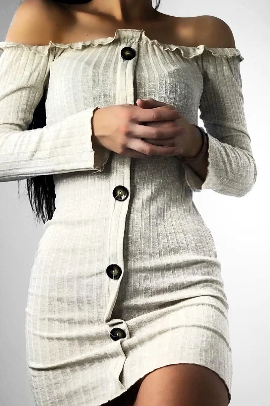 Oatmeal Rib Bardot Button Mini Dress - Dailin Elegant Mini Dress with Pleats