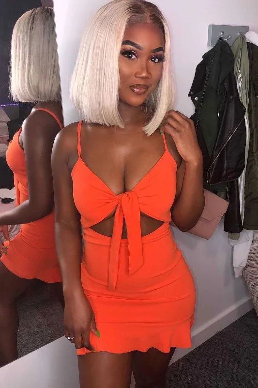 Orange Tie Front Ruffle Hem Mini Dress - Darianna Fashionable Summer Mini Dress