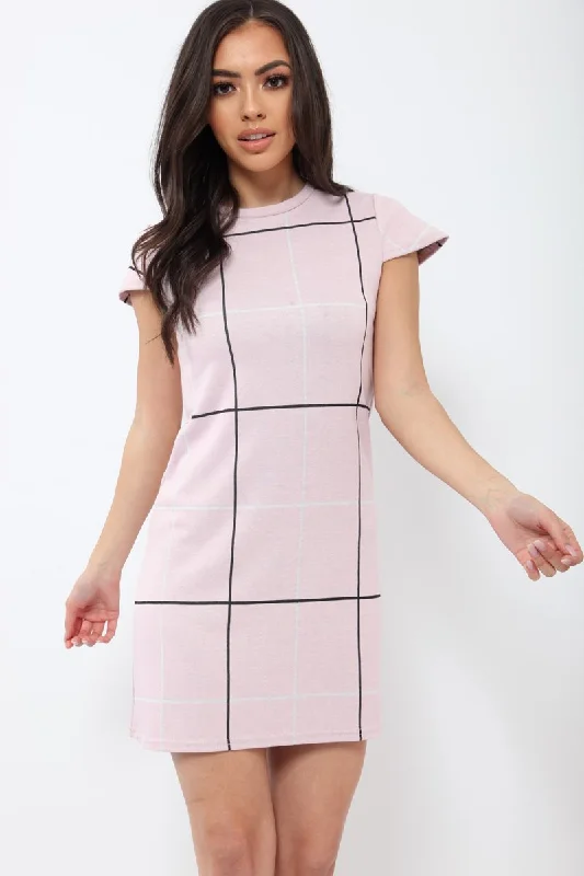 Pink Check Print Mini Dress - Lorna Fashionable Button-Front Mini Dress