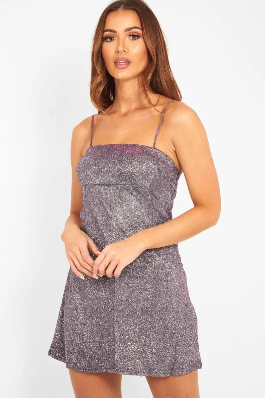 Purple Glitter Straight Neck Mini Dress - Alanis Stylish Sweetheart Mini Dress