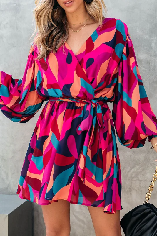 Red Abstract Printed Belted Puff Sleeve Mini Dress Comfortable Boho Mini Dress