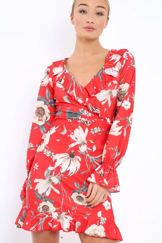 Red Floral Wrap Mini Dress with Frills - Maleigh Cozy Cowl Neck Mini Dress