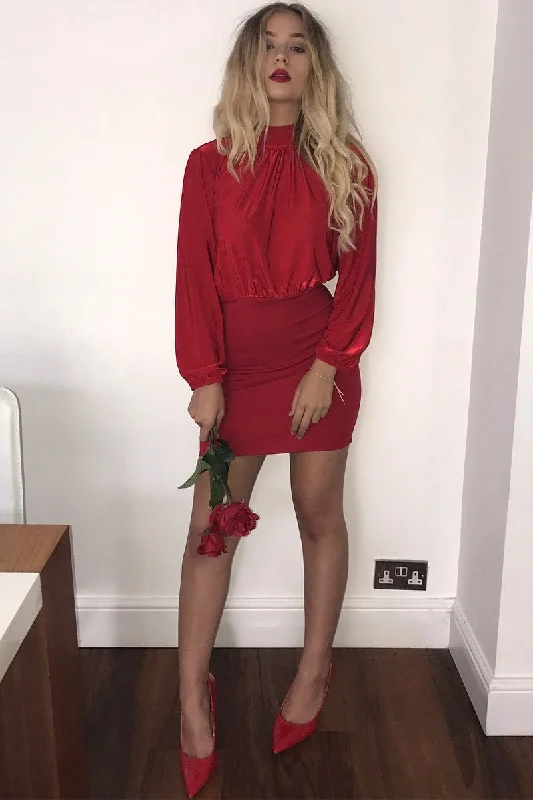Red High Neck Slinky Bodycon Mini Dress - Larina Trendy Lace Mini Dress