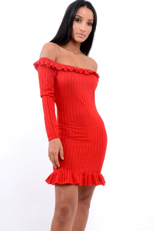 Red Ruffle Hem Ribbed Bardot Mini Dress - Destiny Cozy Sweater Mini Dress