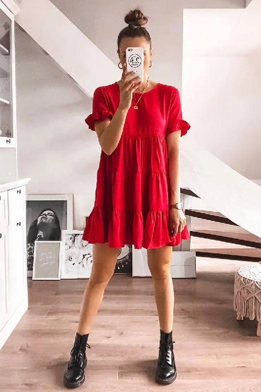 Red Smock Tiered Frill Sleeve Mini Dress - Olah Casual High-Waist Mini Dress