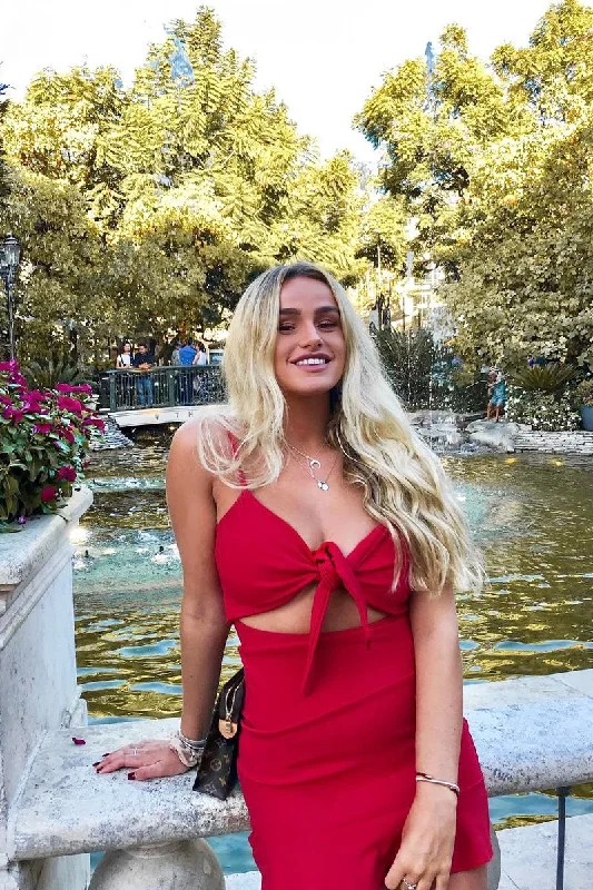 Red Tie Front Ruffle Hem Mini Dress - Darianna Stylish Short Sleeve Mini Dress