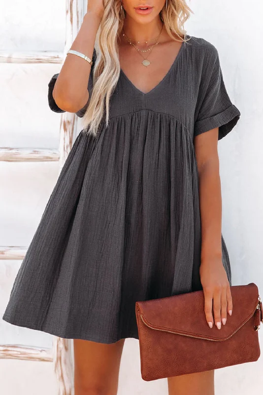 Roll Up Short Sleeve V Neck Babydoll Mini Dress Elegant Satin Mini Dress