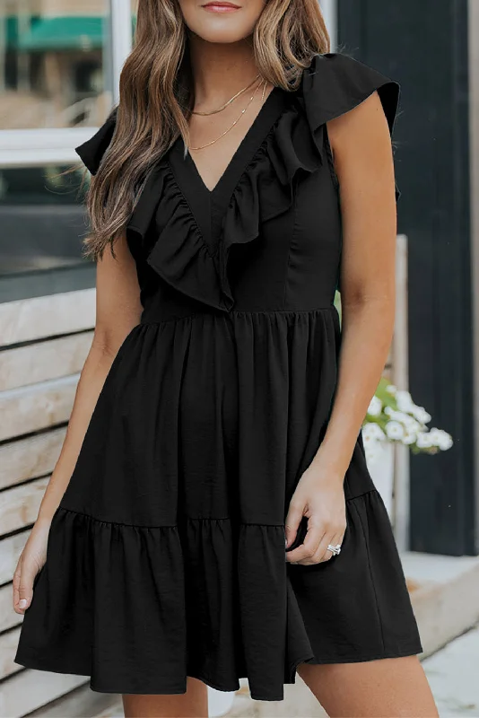 Ruffle Trim V Neck Smocking Back Mini Dress Classic Black Mini Dress