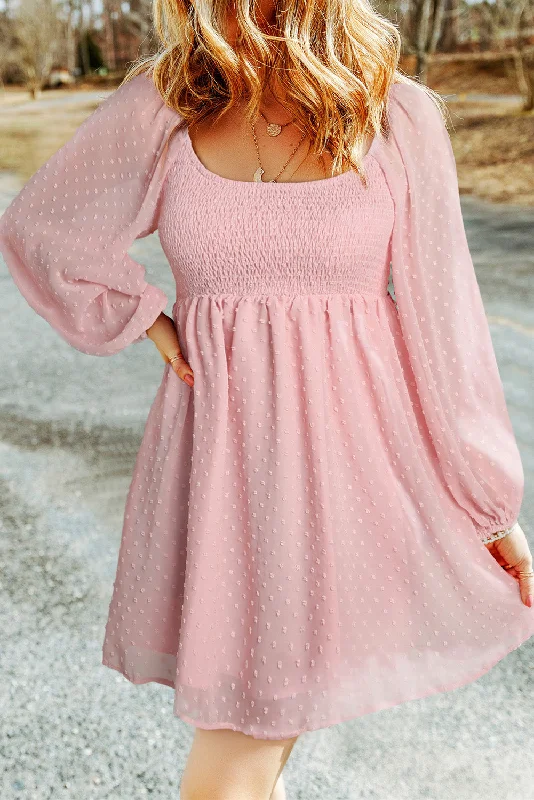Swiss Dot Smocked Puff Sleeve Mini Dress Trendy Wraparound Mini Dress