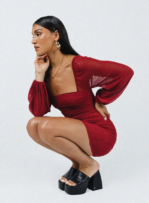 Tara Long Sleeve Mini Dress Burgundy Stylish Floral Print Mini Dress