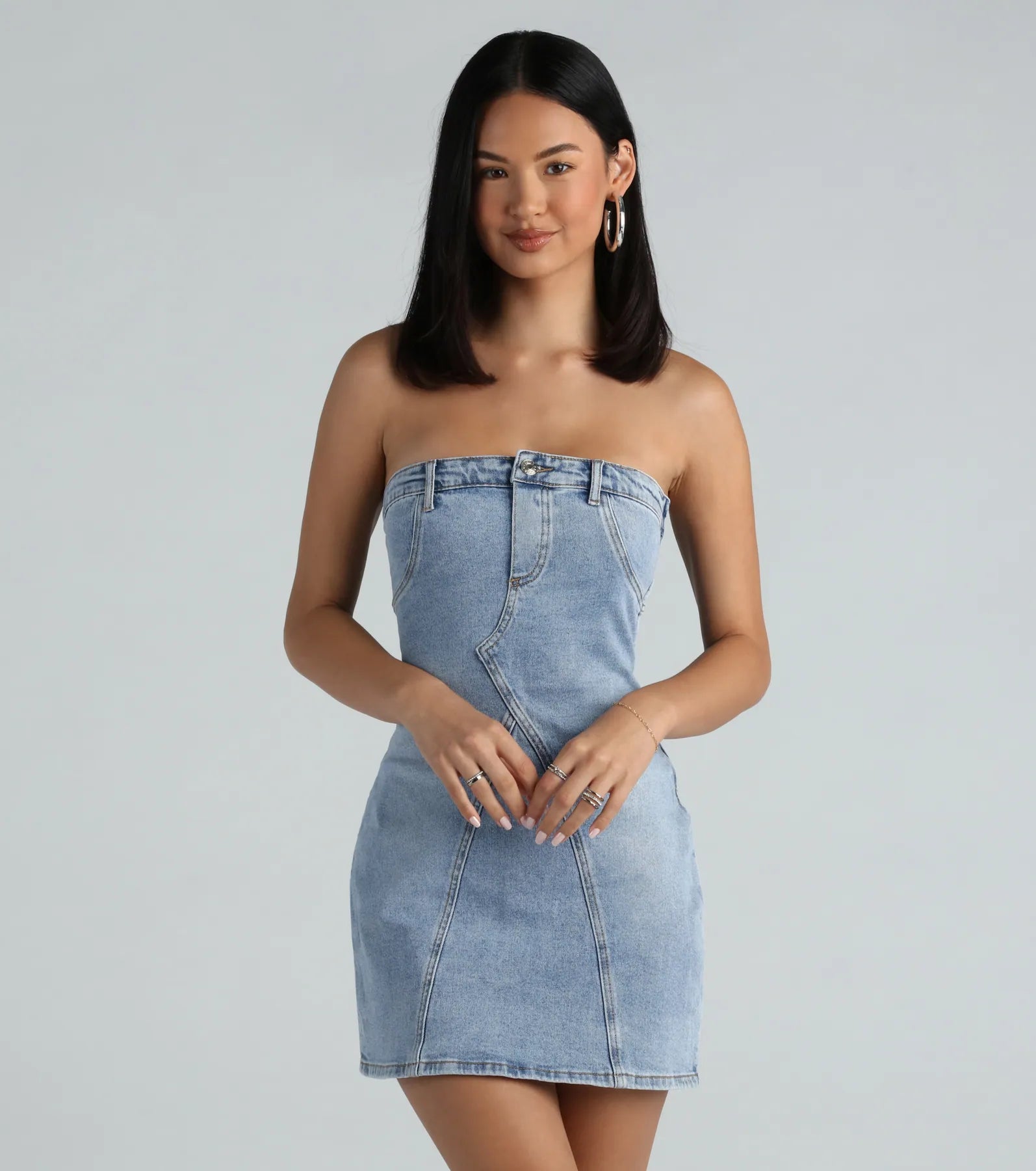 The 90s Are Calling Denim Strapless Mini Dress Fashionable Mini Dress with Frills