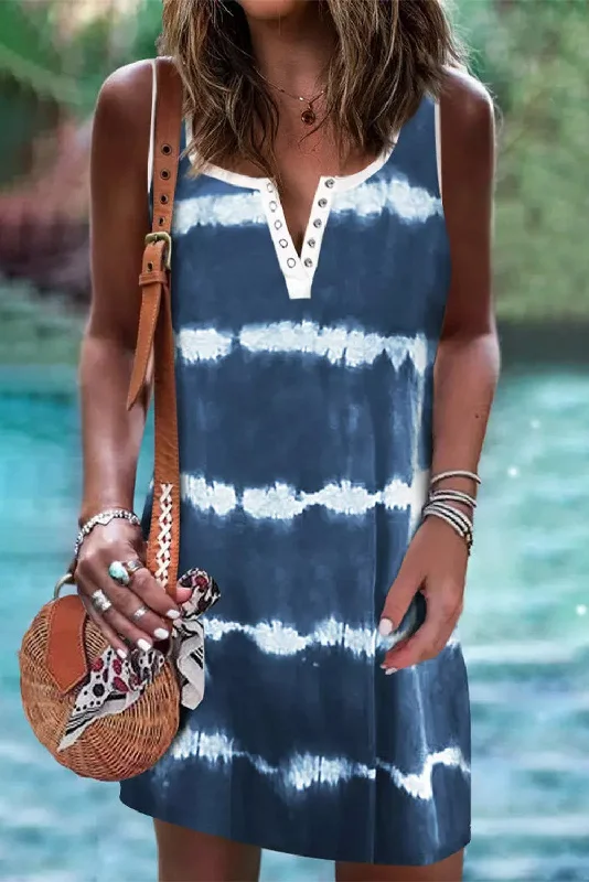 Tie Dye Striped Button Notch V Neck Mini Dress Casual Mini Dress with Pockets